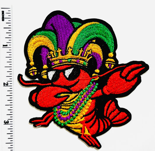 Mardi Gras Crawfish with Jester hat and Beads patch - Embroidered DIY Iron on patch